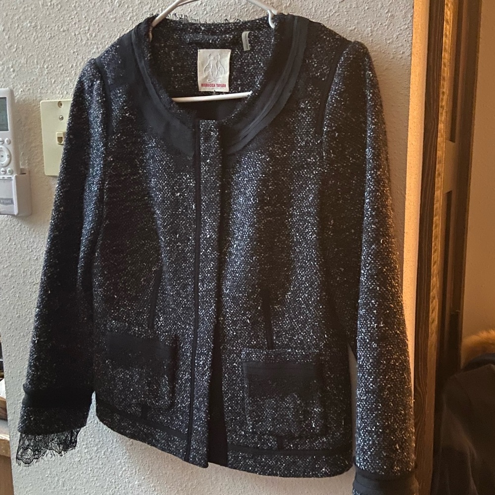 Rebecca Taylor Tweed Blazer with Lace and Detailed Piping, Rouched back